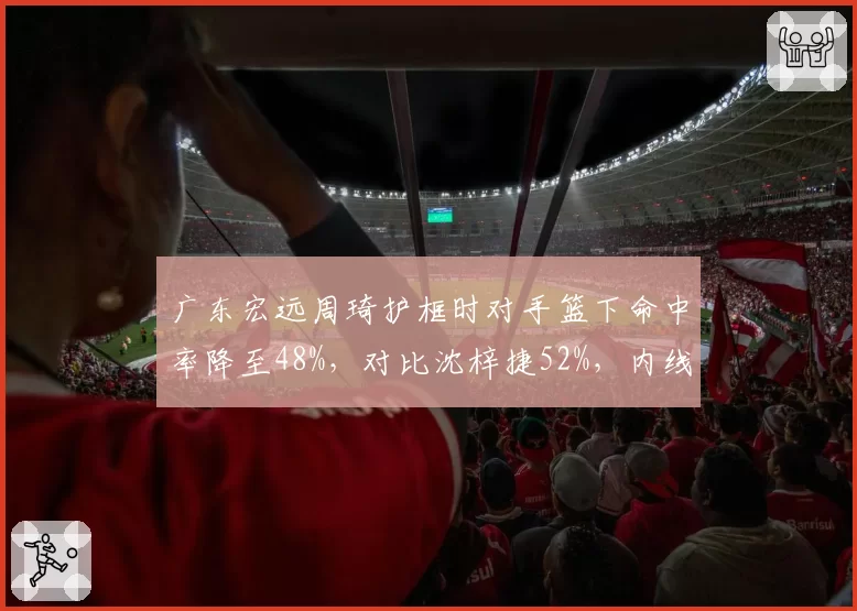 广东宏远周琦护框时对手篮下命中率降至48%，对比沈梓捷52%，内线防守威慑力相当